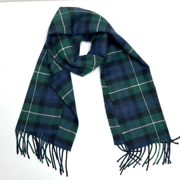 Men’s Ingles Buchan Wool Scarf Green Blue Tartan Plaid Fringe Made in Scotland - Picture 1 of 5